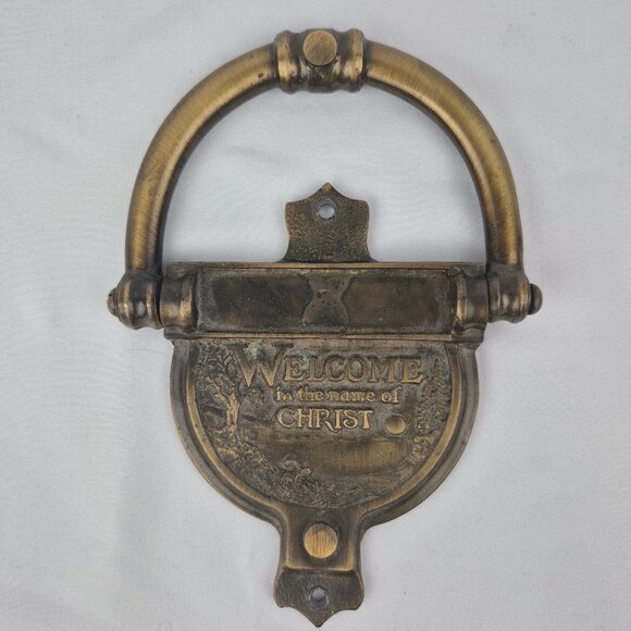 Vintage Brass Door Knocker Christian Theme Welcome in the Name of CHRIST  80's - Picture 2 of 16